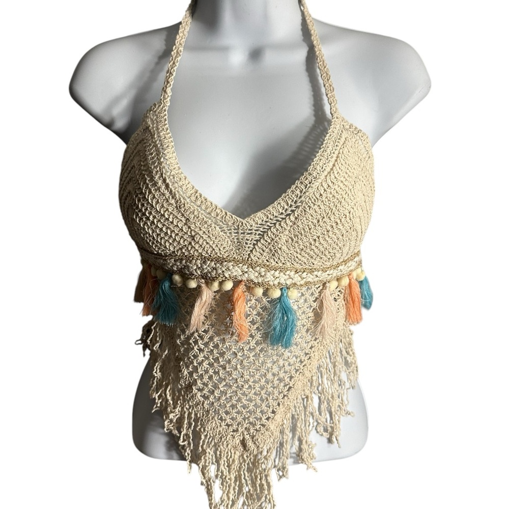NWT.   Handmade Crochet Halter Top with Tassels. CL/GR 03